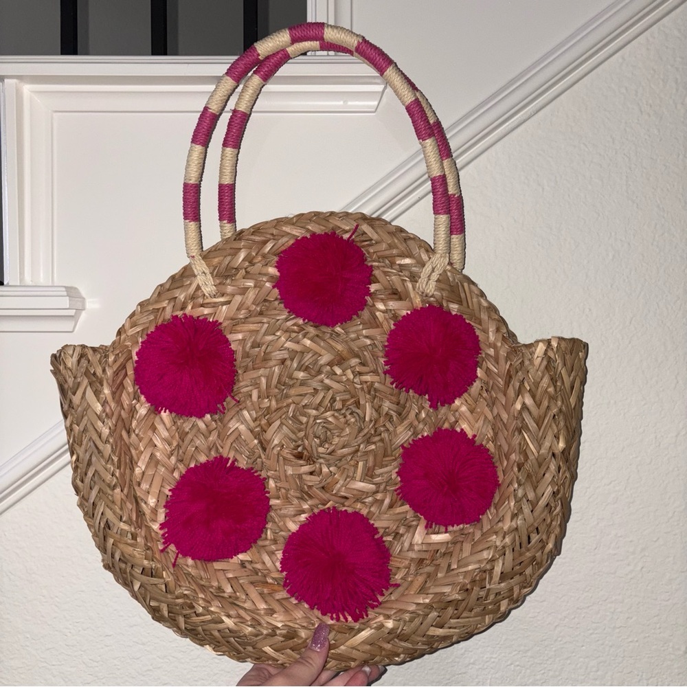 MudPie Wicker Pink Pom Pom Purse